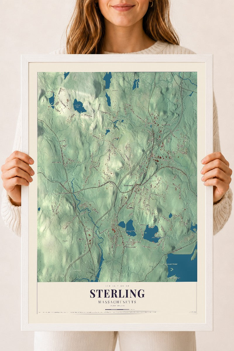 Sterling, Massachusetts map print - 18 x 24 white Ayous wood frame