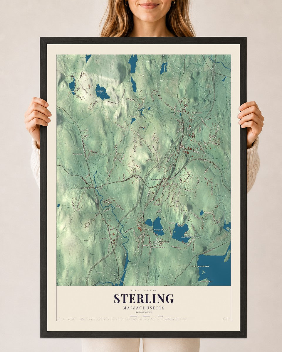 Sterling, Massachusetts map print - 24 x 36 black Ayous wood frame