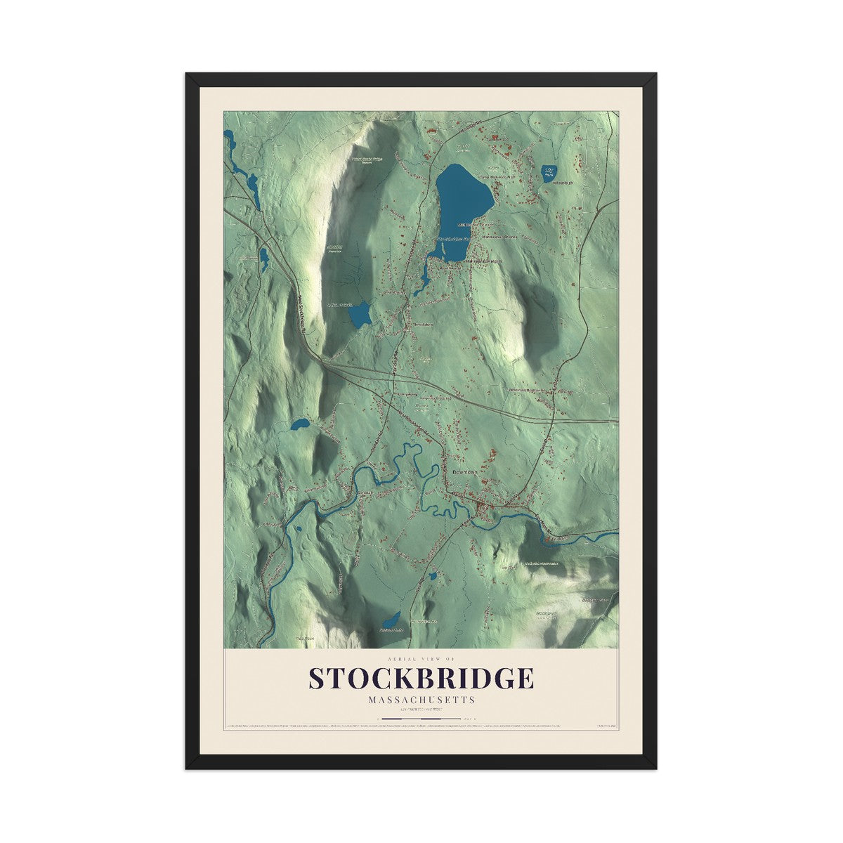 Map of Stockbridge, Massachusetts, 12 x 18 inch print in a black wood frame