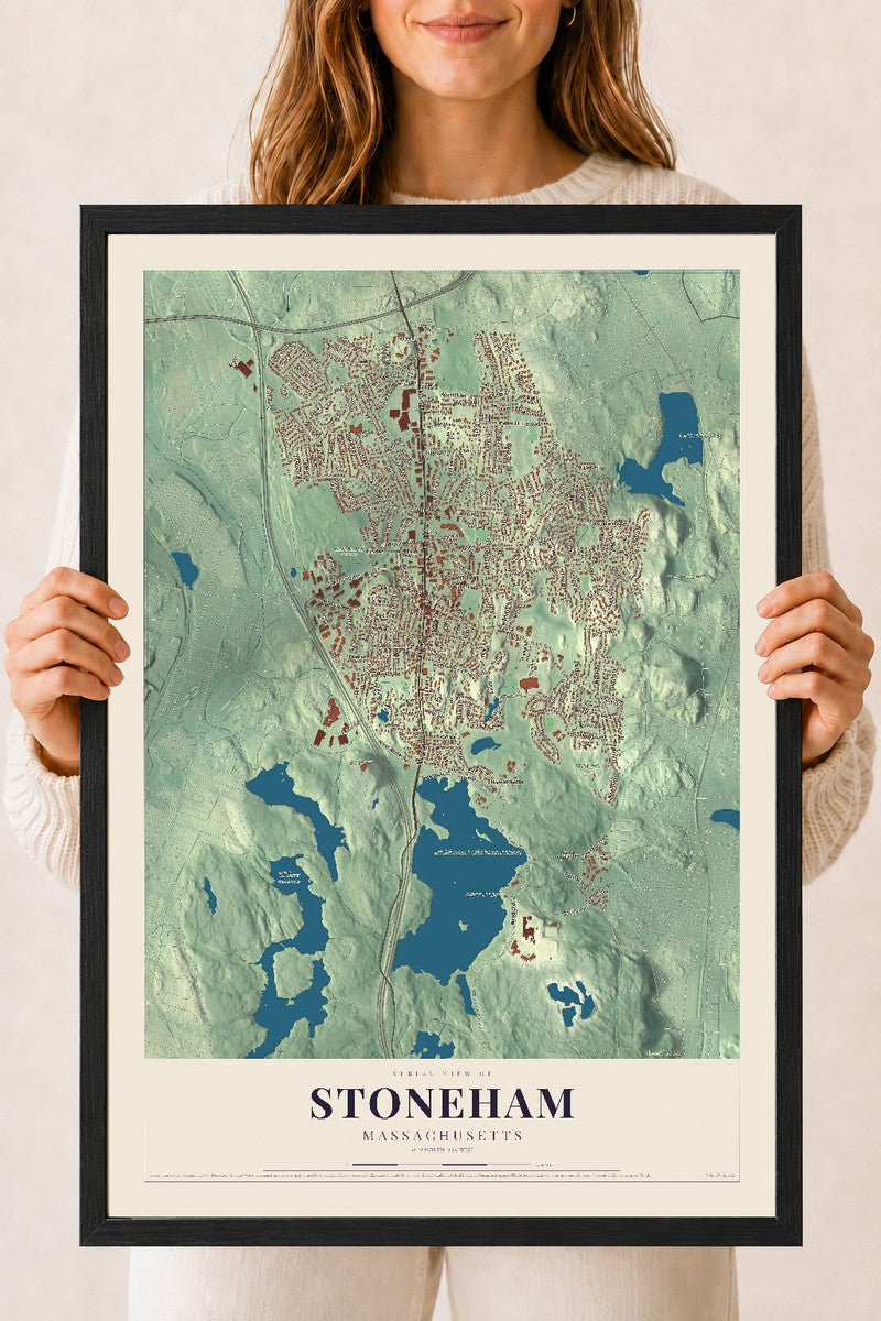 Stoneham, Massachusetts map print - 18 x 24 black Ayous wood frame