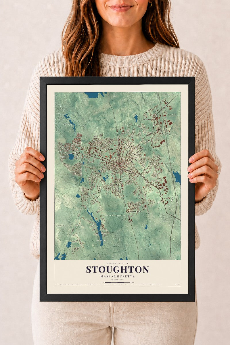 Stoughton, Massachusetts map print - 12 x 18 black Ayous wood frame