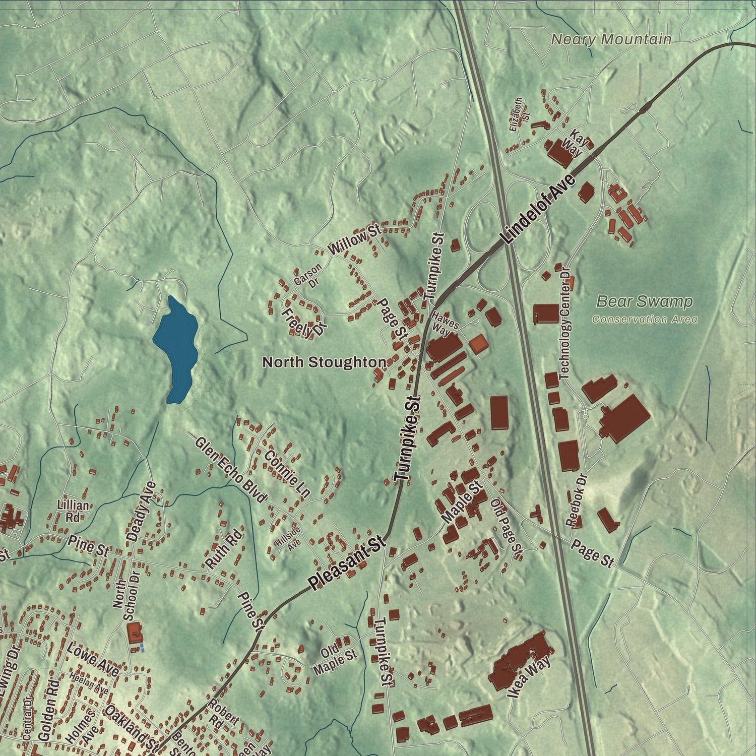 Terrain and local geography detail from the Stoughton, Massachusetts map