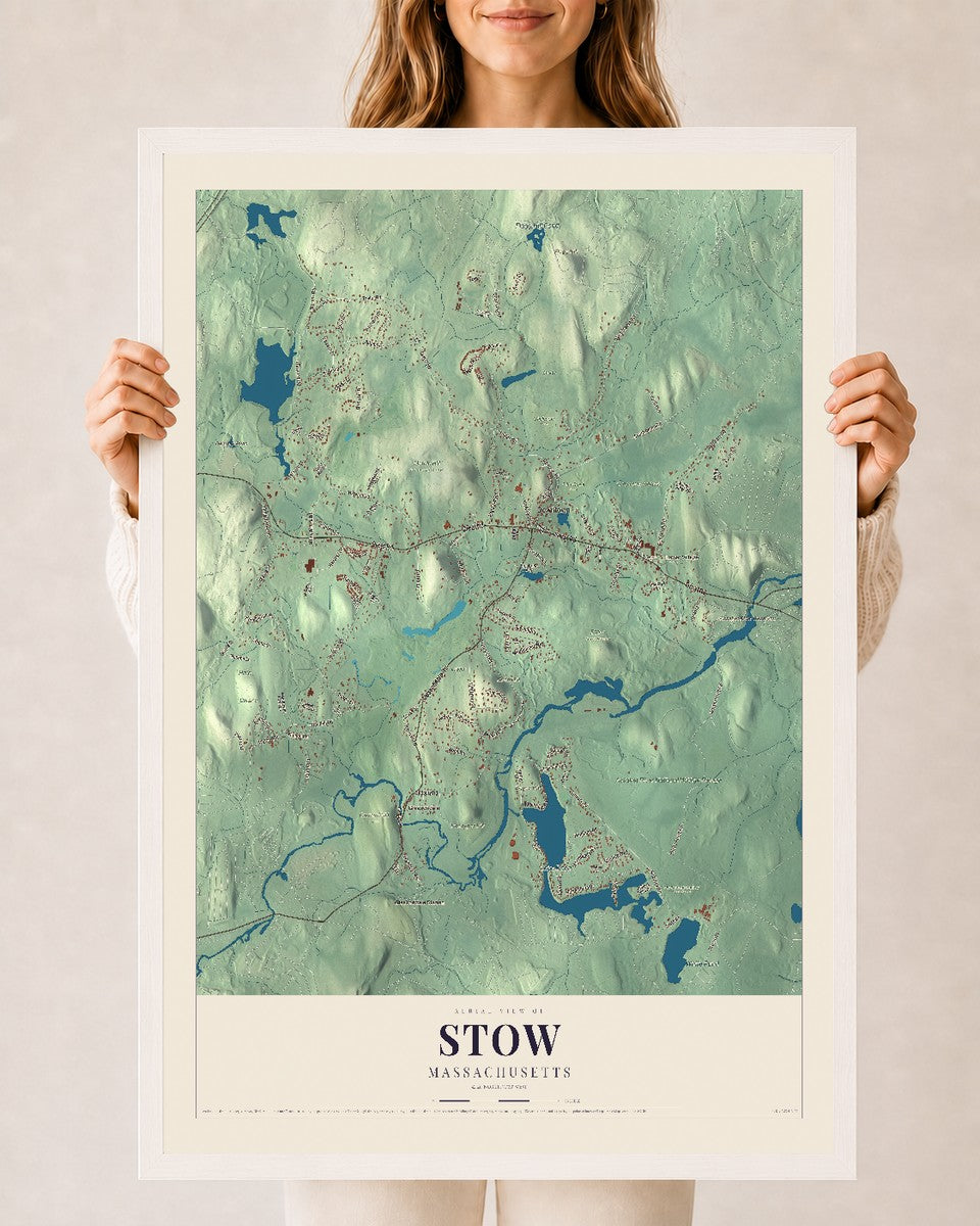 Stow, Massachusetts map print - 24 x 36 white Ayous wood frame