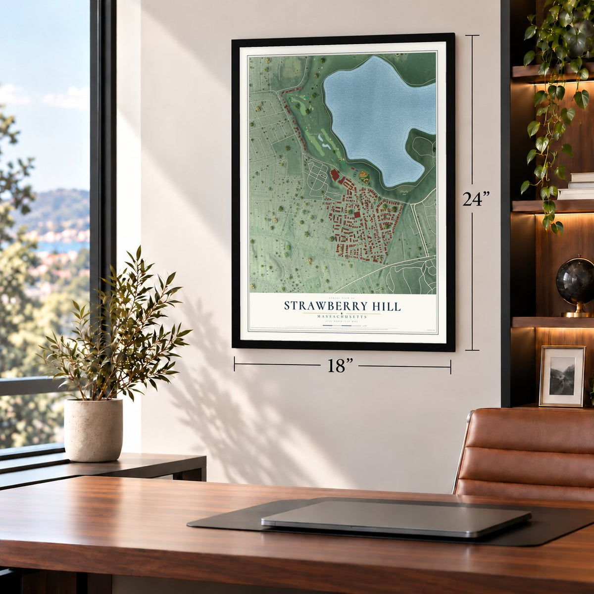 Strawberry Hill, Massachusetts map, 18 x 24 inch print in a black frame in a home office