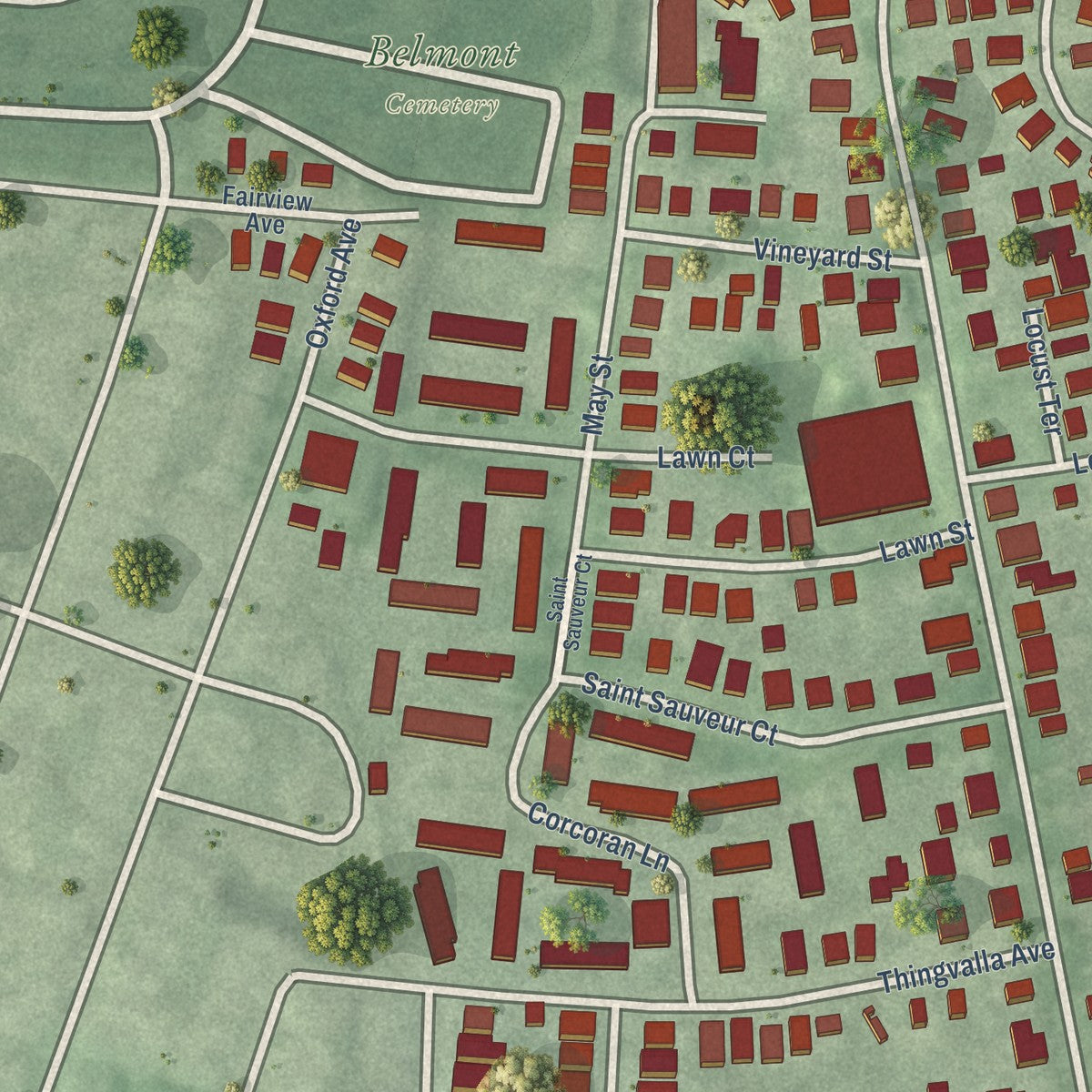 Close-up of the map of Strawberry Hill, Massachusetts print showing street and building detail