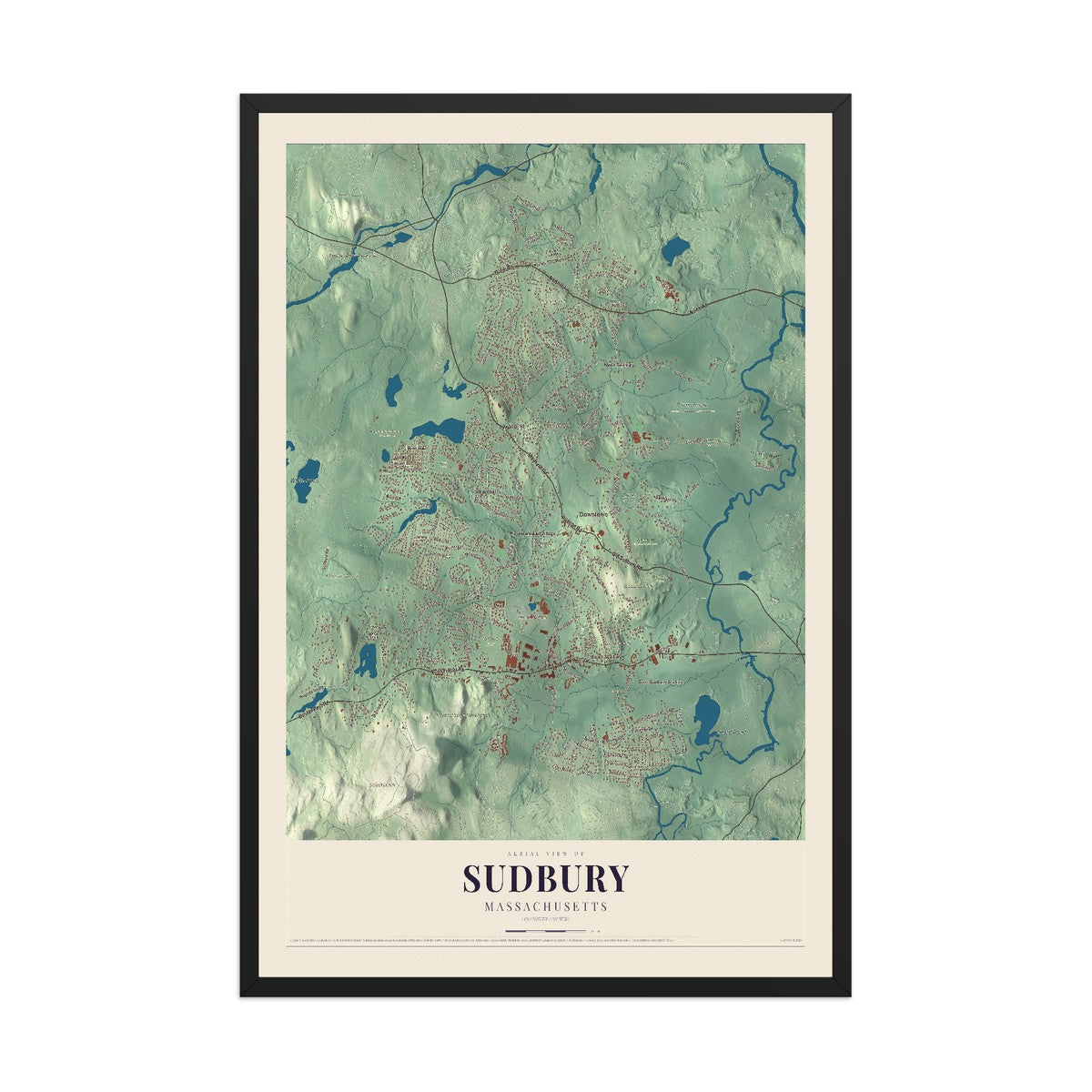 Map of Sudbury, Massachusetts, 12 x 18 inch print in a black wood frame
