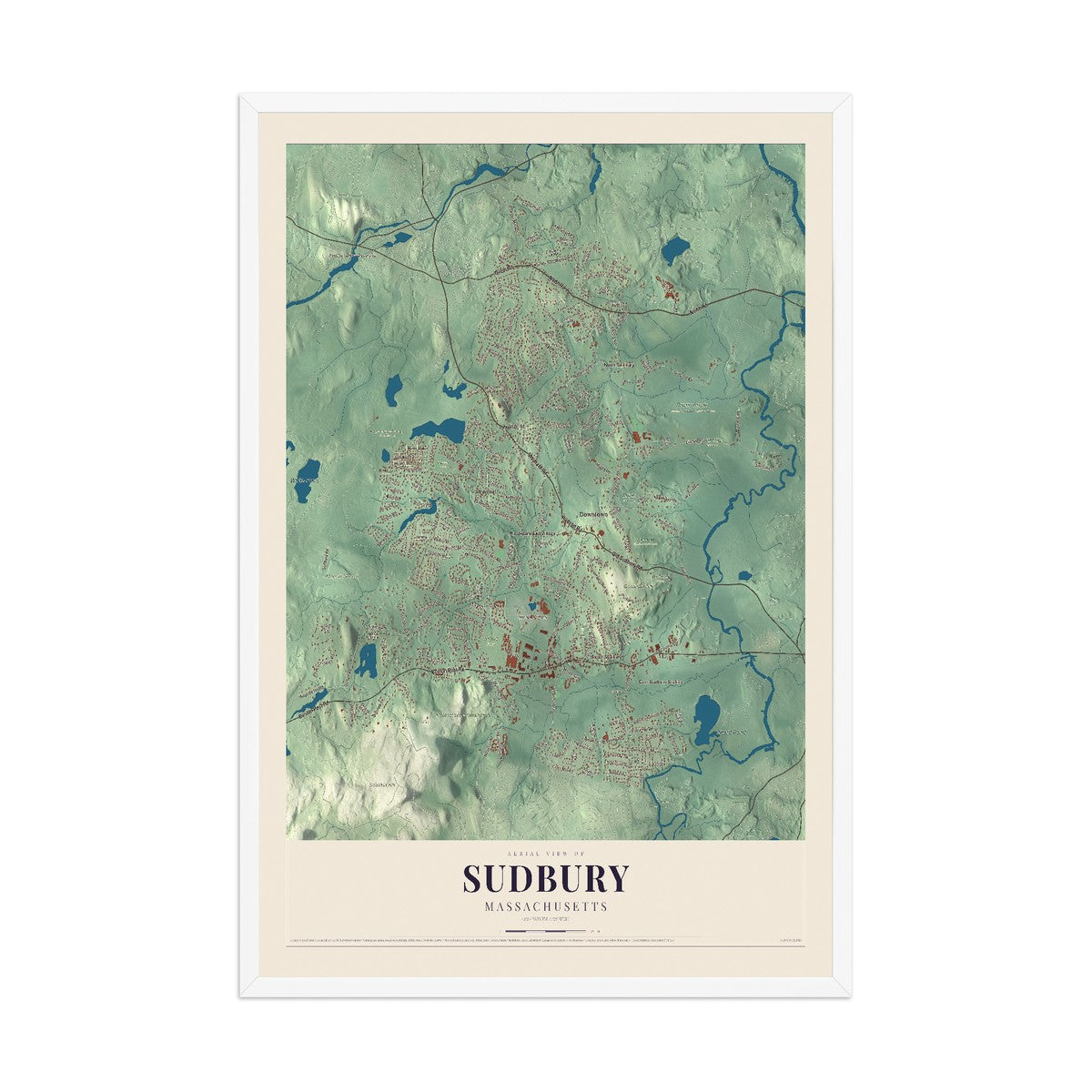 Map of Sudbury, Massachusetts, 12 x 18 inch print in a white wood frame