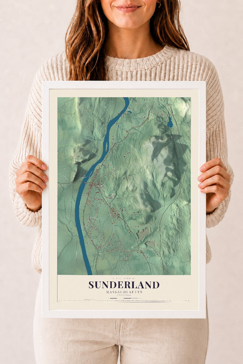 Sunderland, Massachusetts map print - 12 x 18 white Ayous wood frame