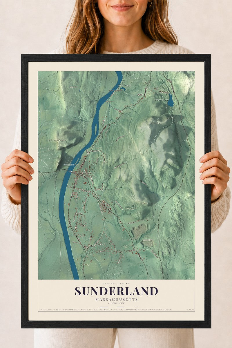 Sunderland, Massachusetts map print - 18 x 24 black Ayous wood frame