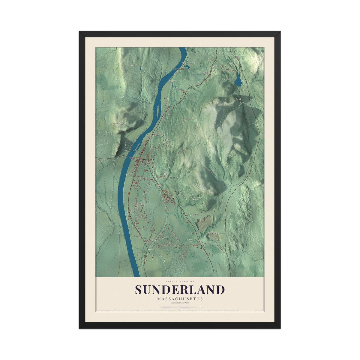Map of Sunderland, Massachusetts, 12 x 18 inch print in a black wood frame