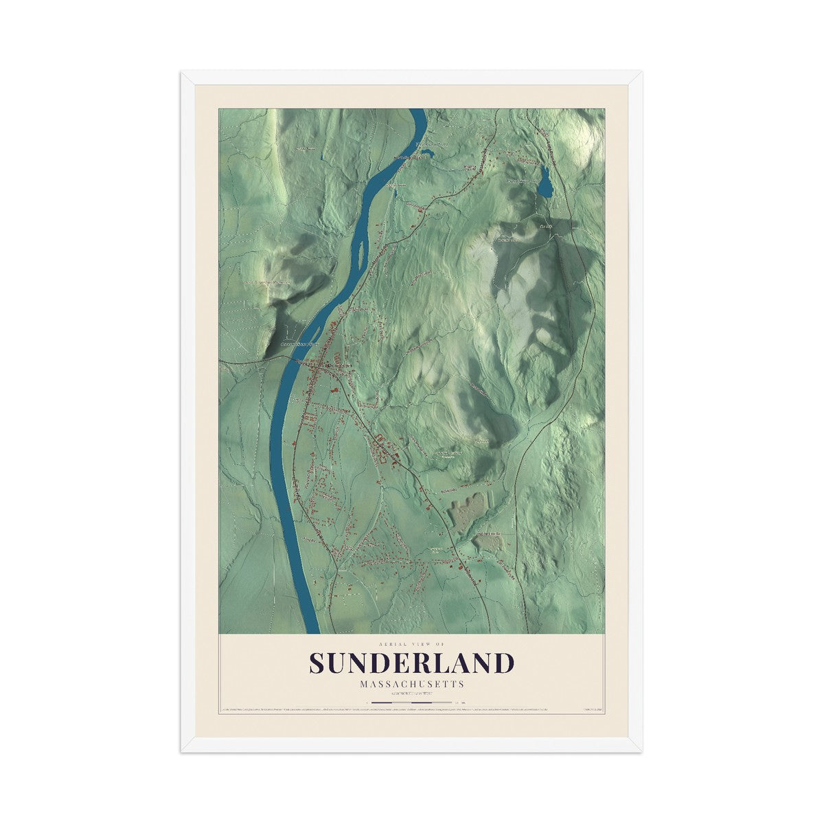 Map of Sunderland, Massachusetts, 12 x 18 inch print in a white wood frame