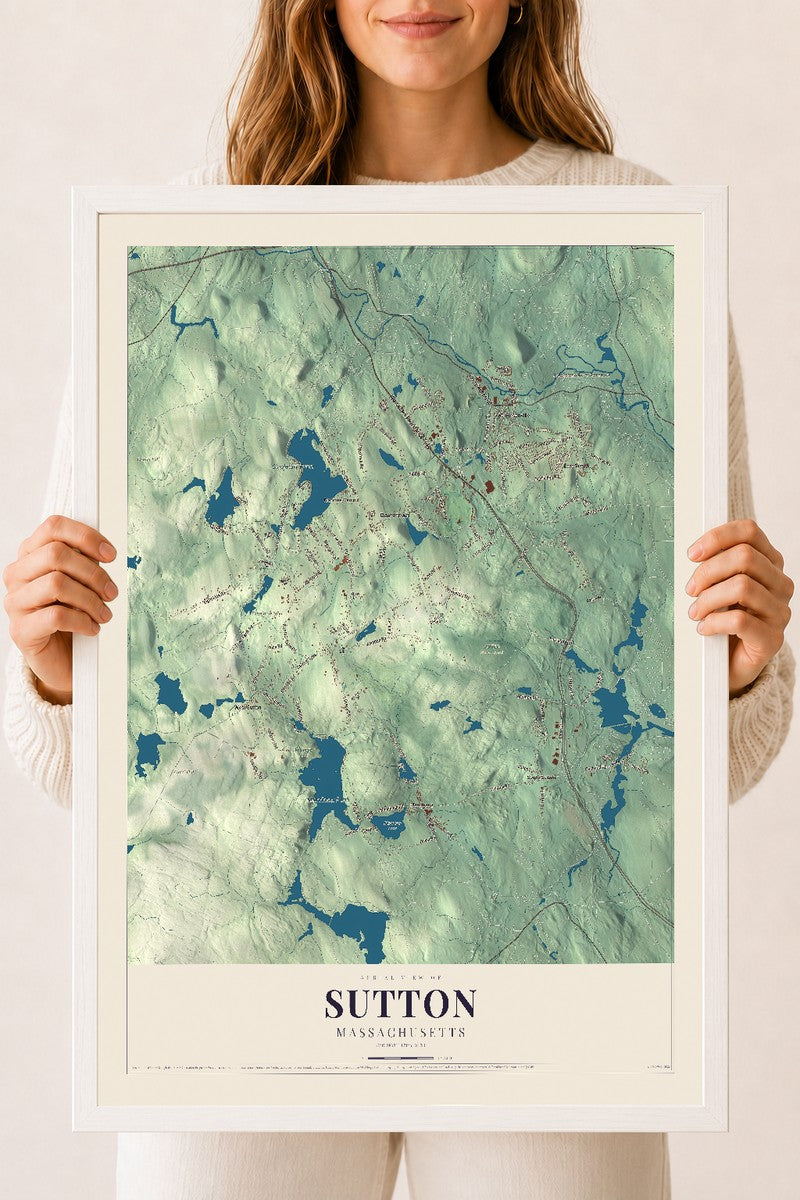 Sutton, Massachusetts map print - 18 x 24 white Ayous wood frame