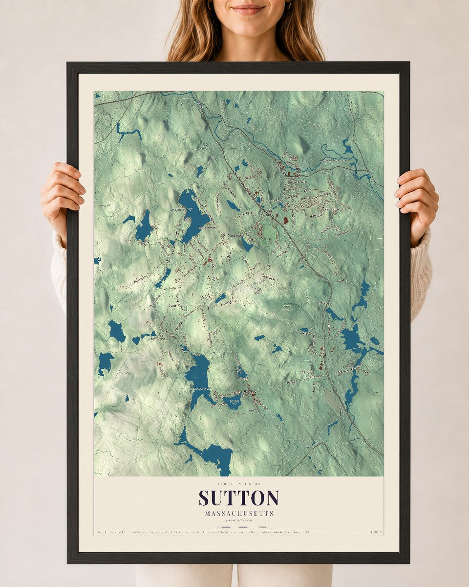 Sutton, Massachusetts map print - 24 x 36 black Ayous wood frame
