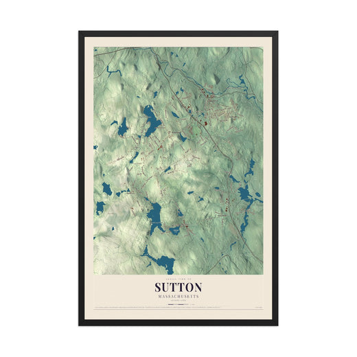 Map of Sutton, Massachusetts, 12 x 18 inch print in a black wood frame