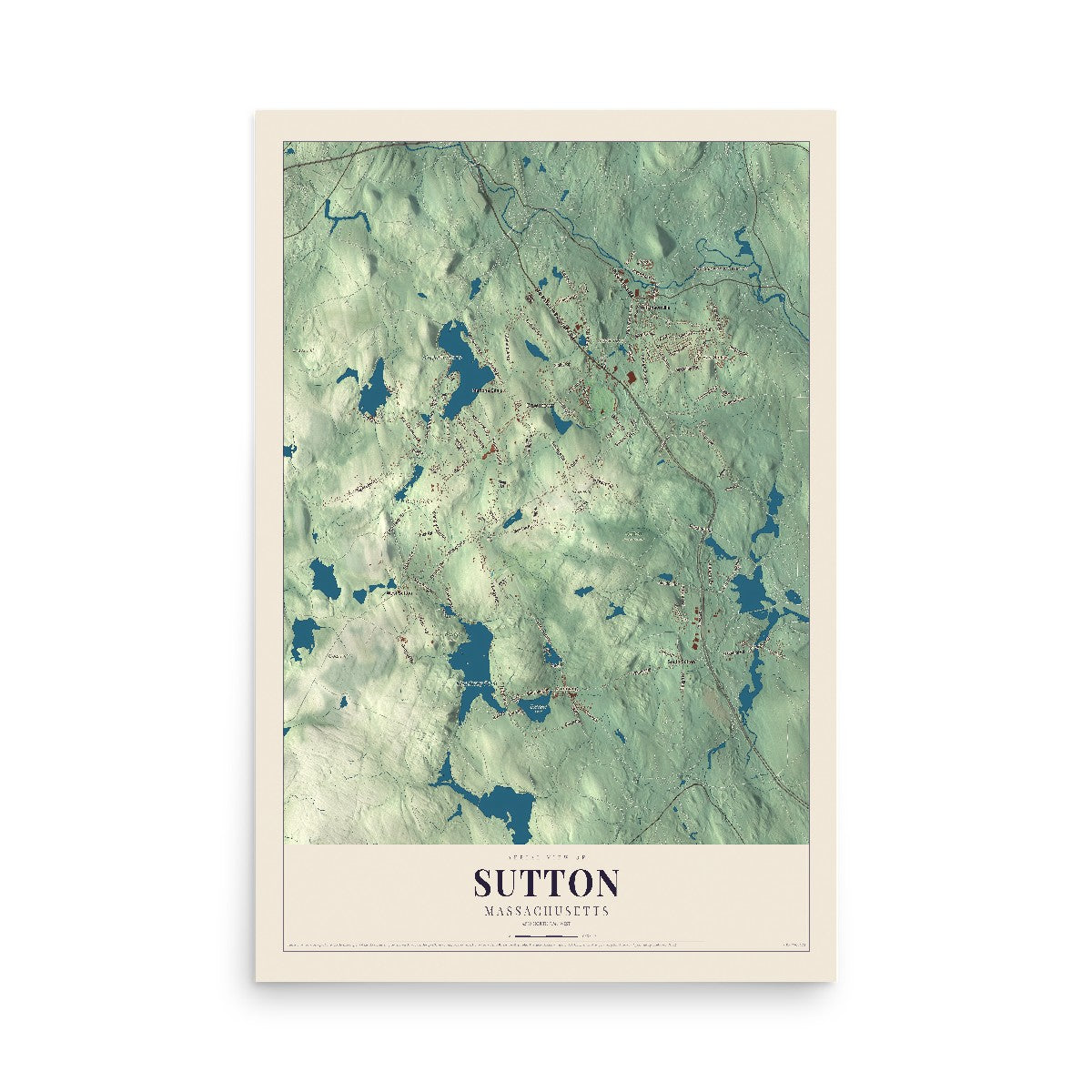 Map of Sutton, Massachusetts, 12 x 18 inch unframed archival matte print