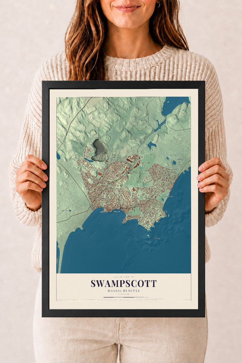 Swampscott, Massachusetts map print - 12 x 18 black Ayous wood frame