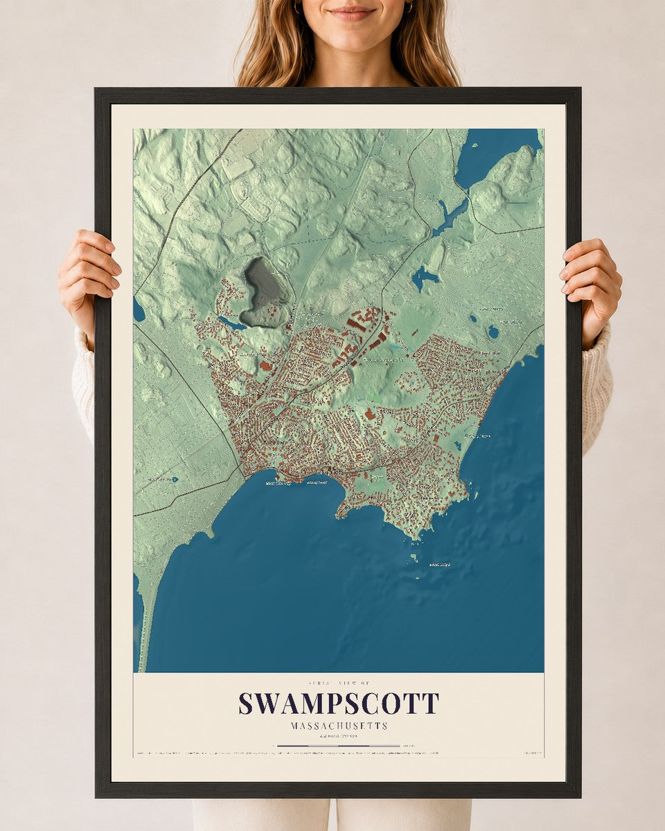 Swampscott, Massachusetts map print - 24 x 36 black Ayous wood frame