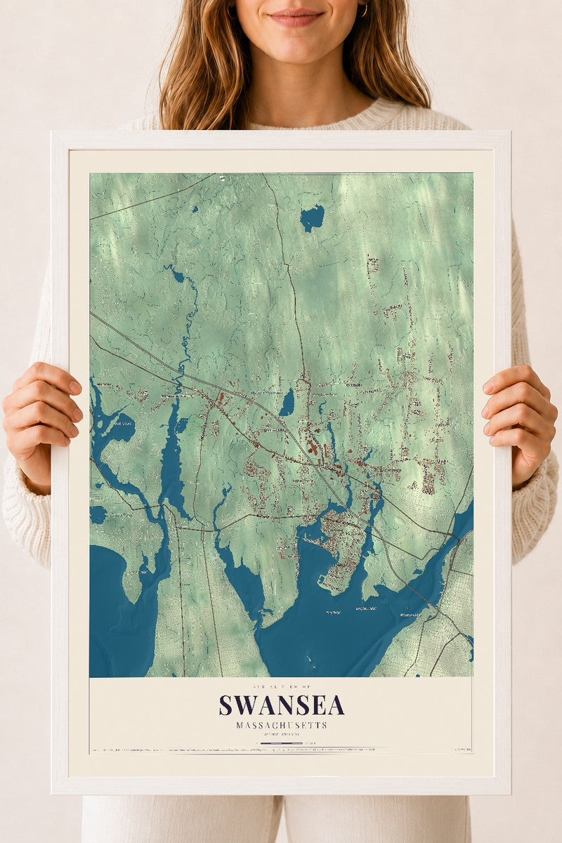 Swansea, Massachusetts map print - 18 x 24 white Ayous wood frame