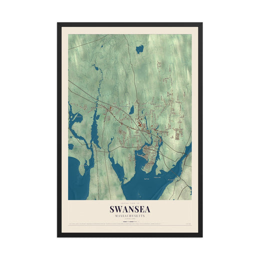 Map of Swansea, Massachusetts, 12 x 18 inch print in a black wood frame