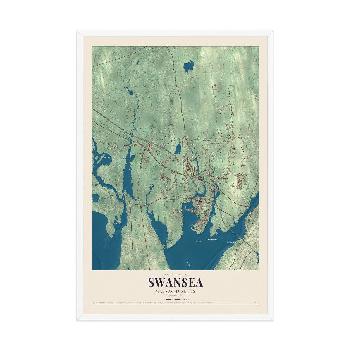 Map of Swansea, Massachusetts, 12 x 18 inch print in a white wood frame