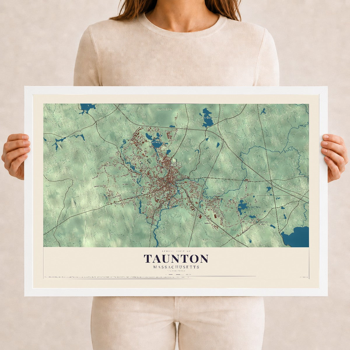 Taunton, Massachusetts map print - 12 x 18 white Ayous wood frame