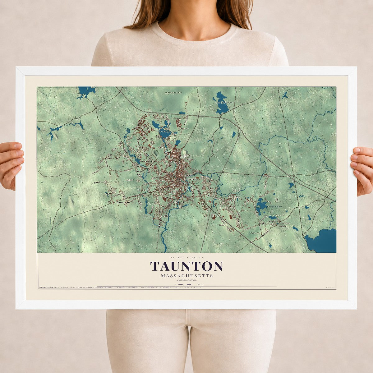 Taunton, Massachusetts map print - 18 x 24 white Ayous wood frame