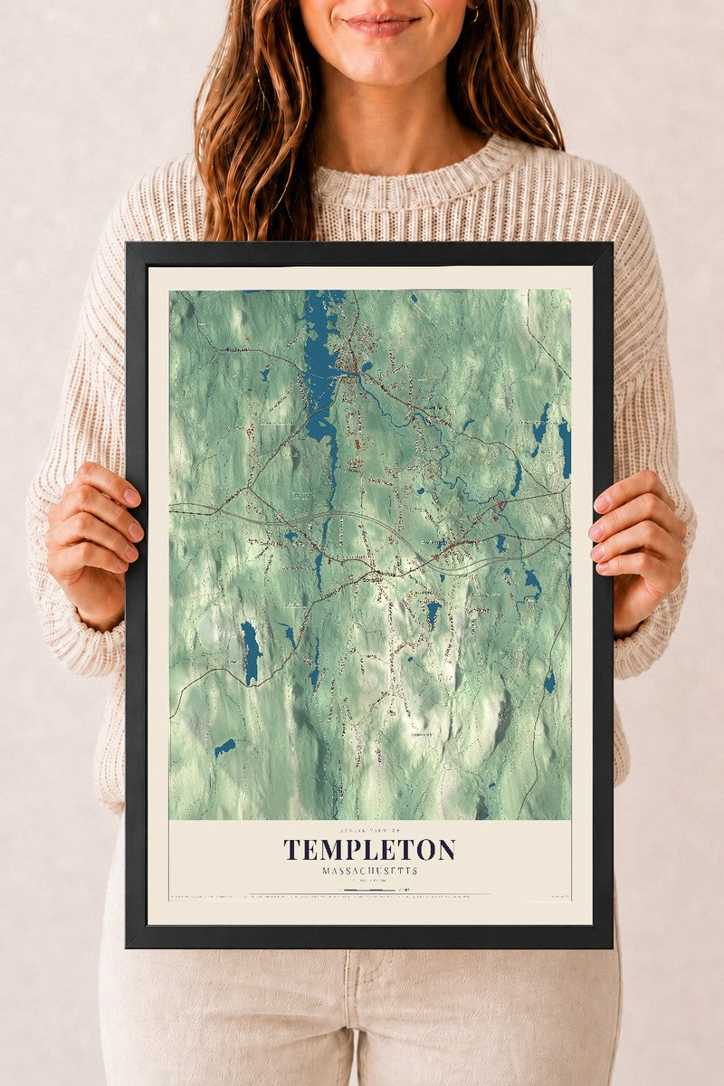 Templeton, Massachusetts map print - 12 x 18 black Ayous wood frame