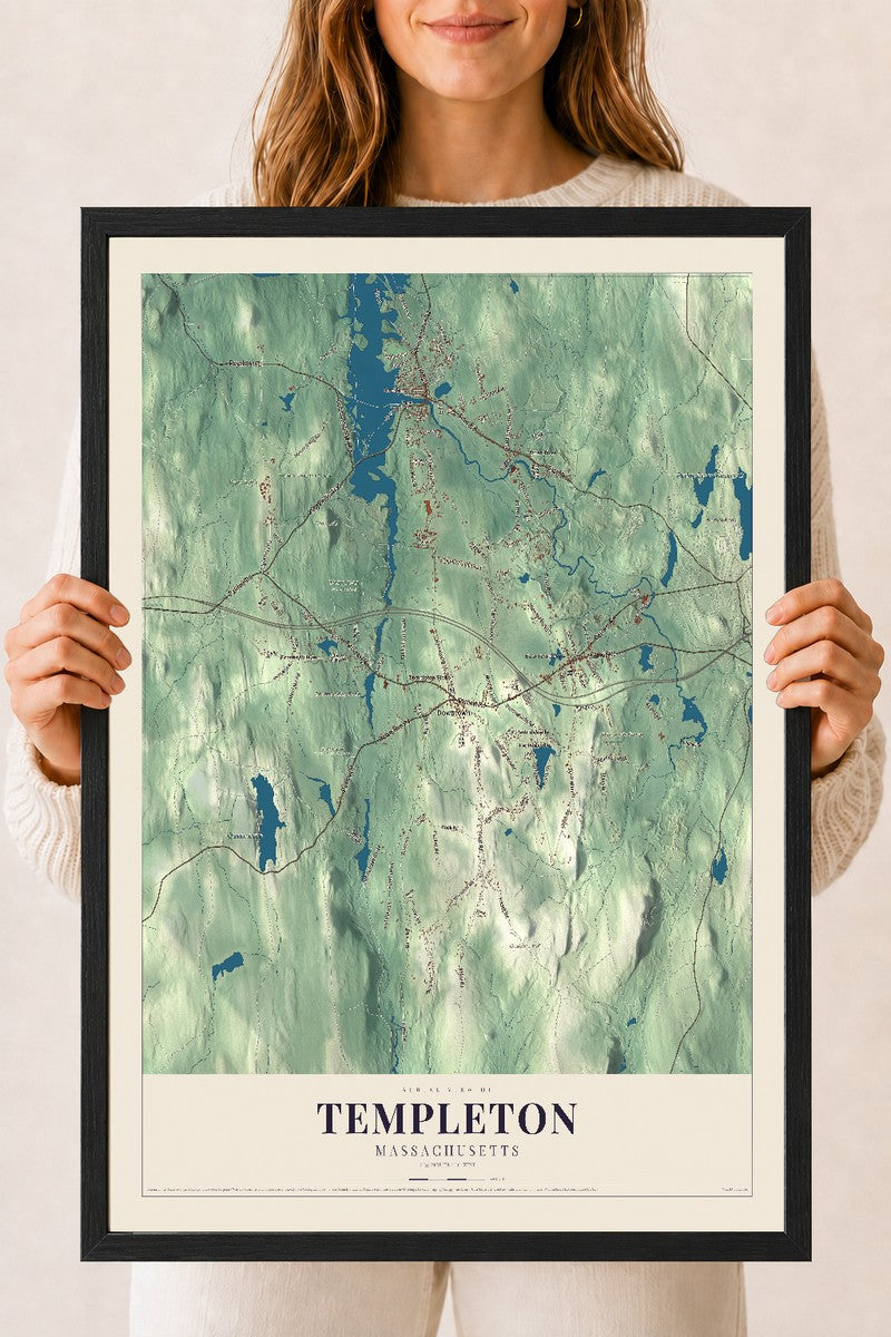Templeton, Massachusetts map print - 18 x 24 black Ayous wood frame