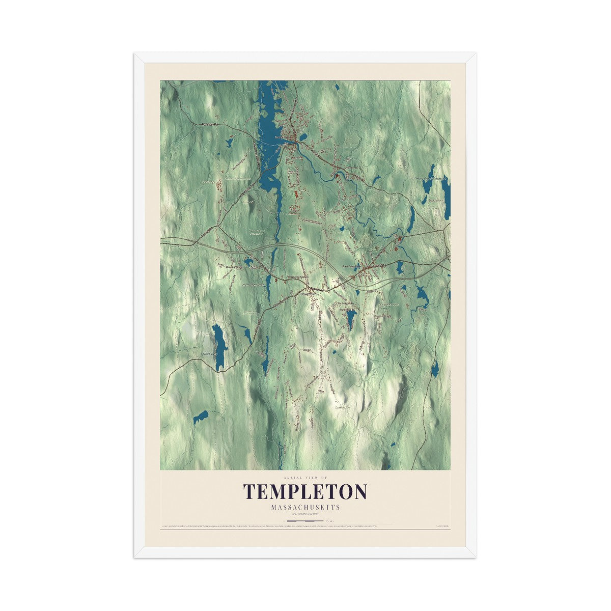 Map of Templeton, Massachusetts, 12 x 18 inch print in a white wood frame