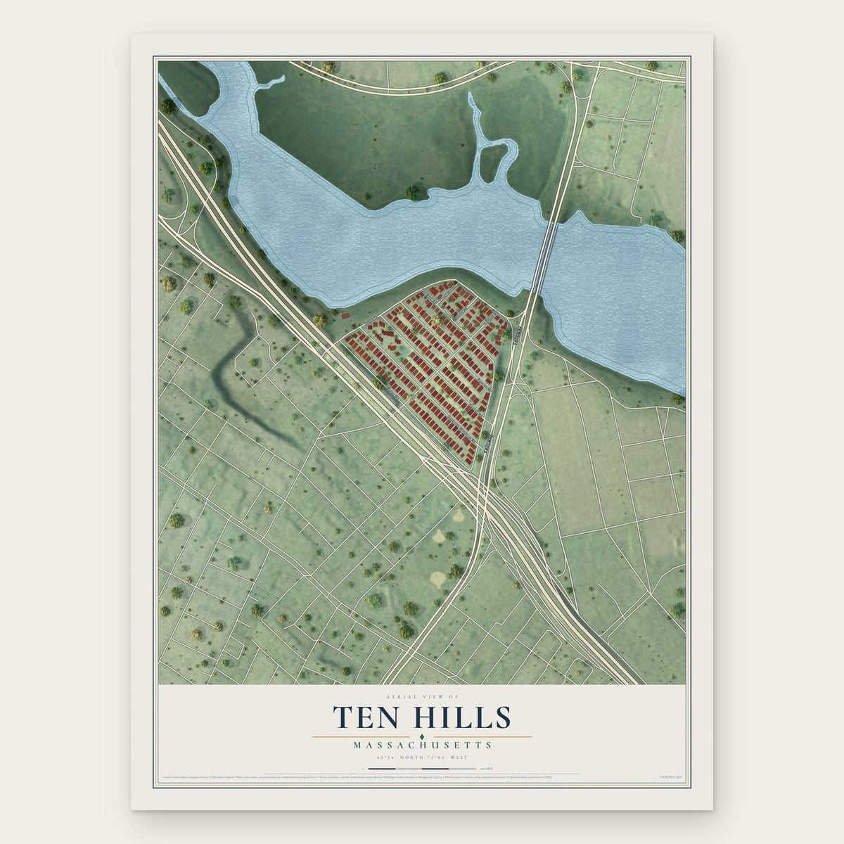 Ten Hills, Massachusetts map print, the full design