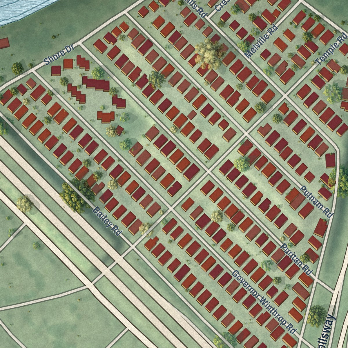 Close-up of the map of Ten Hills, Massachusetts print showing street and building detail