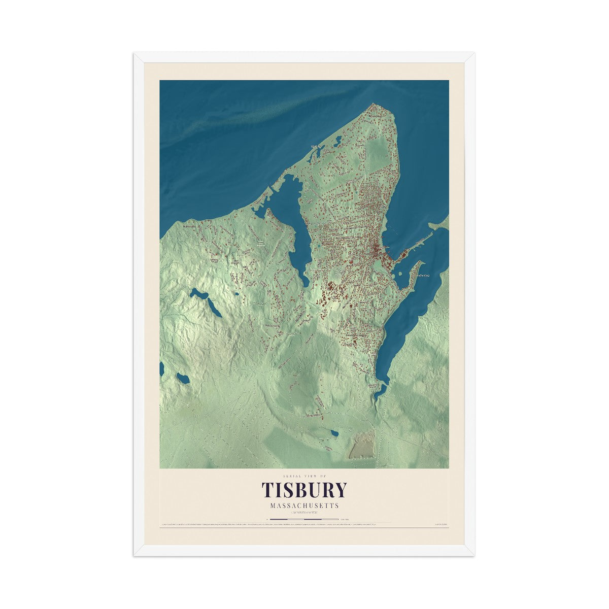 Map of Tisbury, Massachusetts, 12 x 18 inch print in a white wood frame