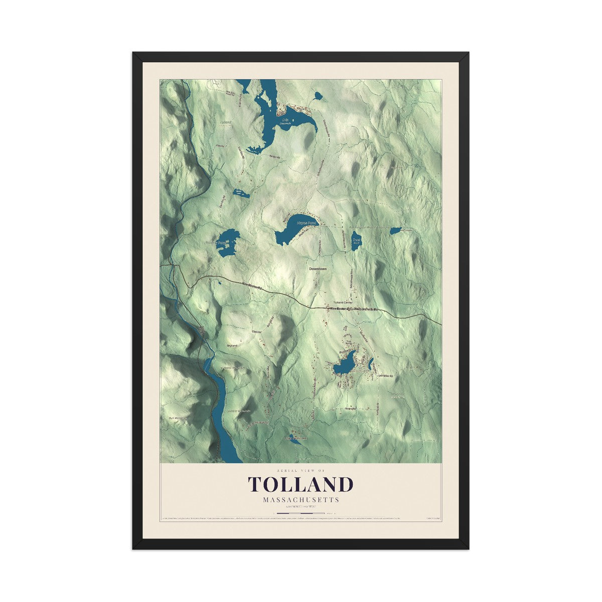 Map of Tolland, Massachusetts, 12 x 18 inch print in a black wood frame