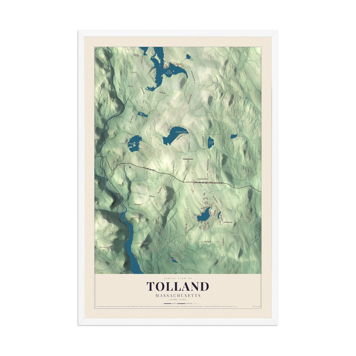 Map of Tolland, Massachusetts, 12 x 18 inch print in a white wood frame
