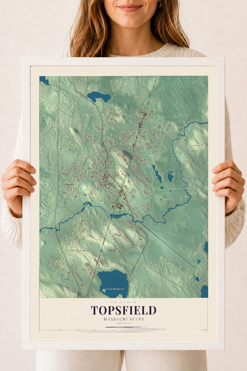 Topsfield, Massachusetts map print - 18 x 24 white Ayous wood frame