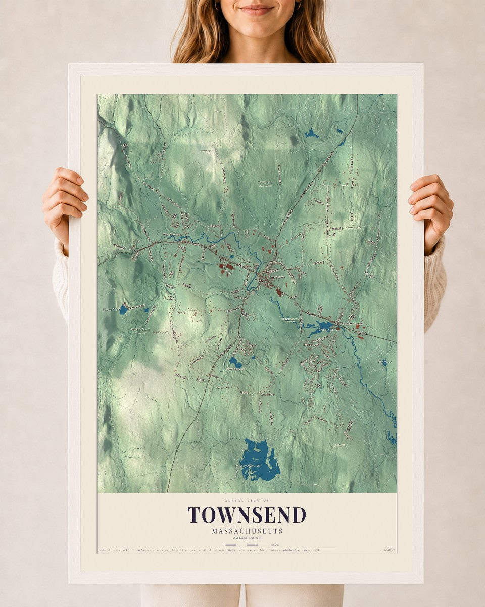Townsend, Massachusetts map print - 24 x 36 white Ayous wood frame