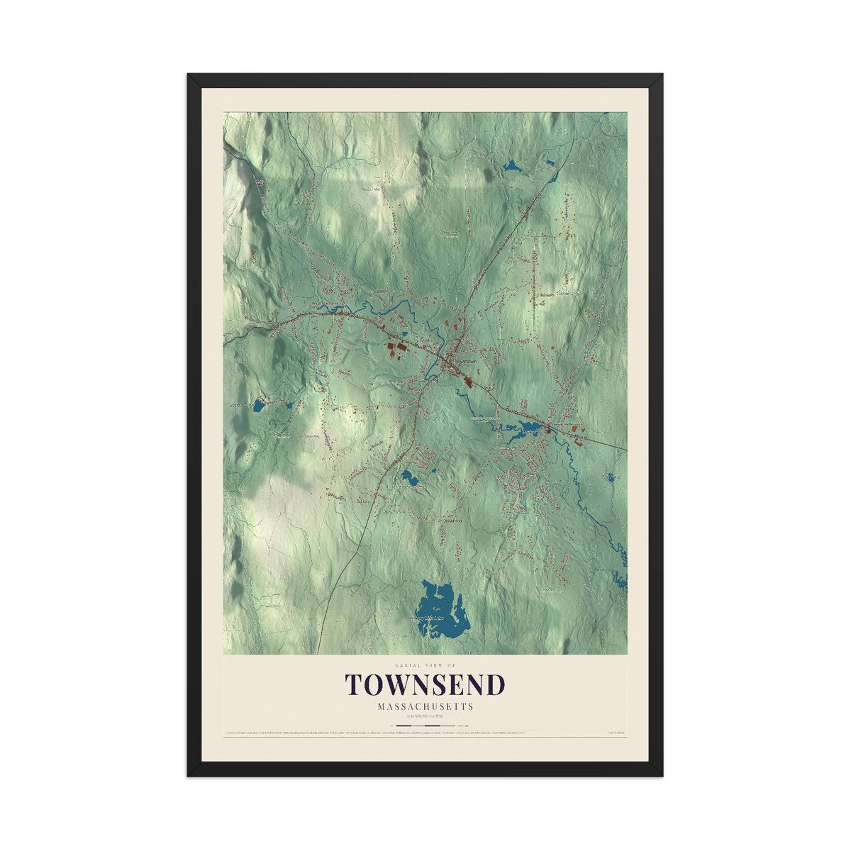 Map of Townsend, Massachusetts, 12 x 18 inch print in a black wood frame