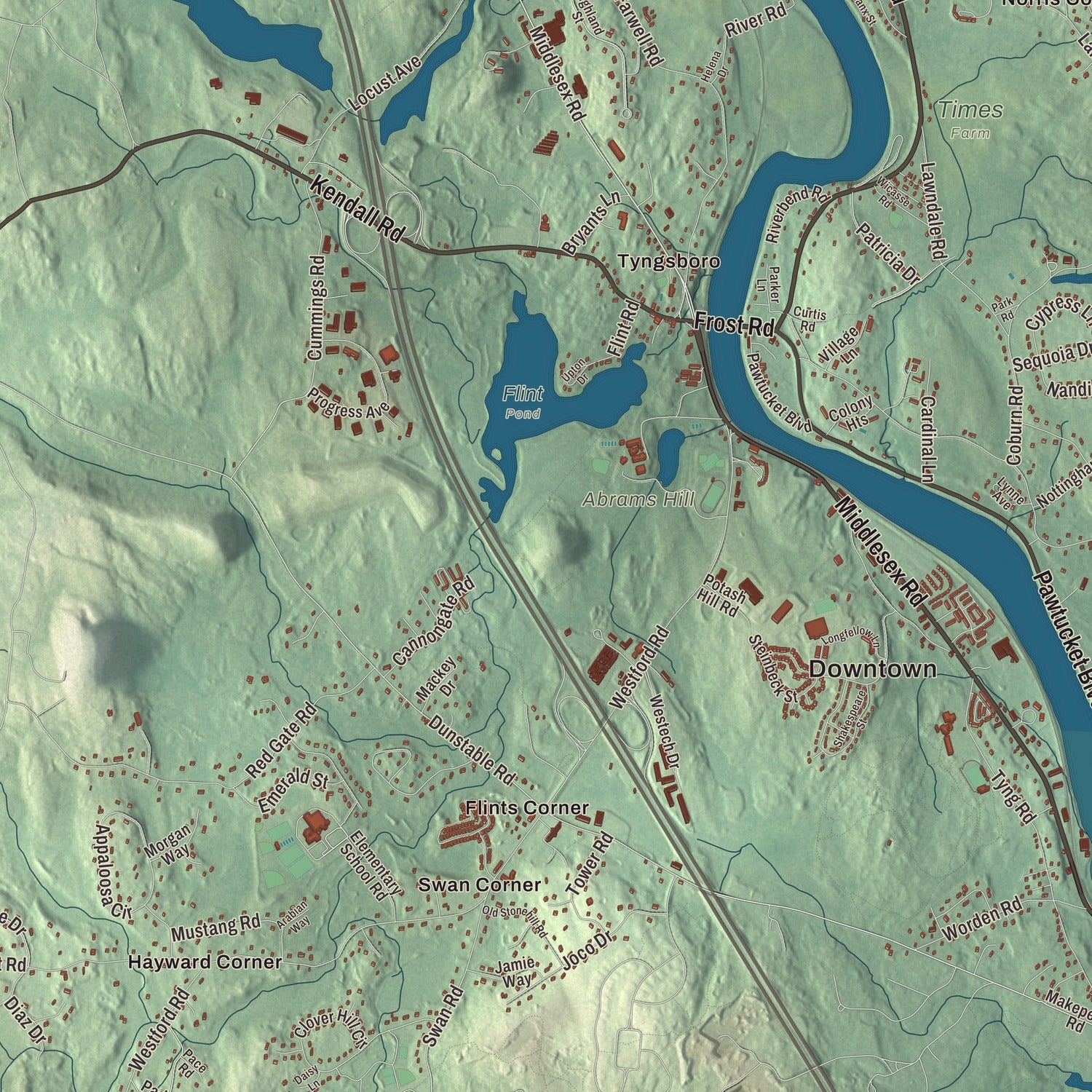 Terrain and local geography detail from the Tyngsborough, Massachusetts map