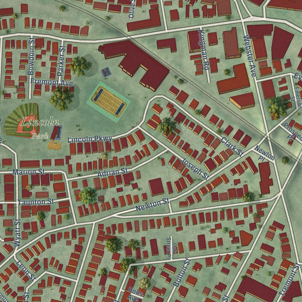 Close-up of the map of Union Square, Massachusetts print showing street and building detail