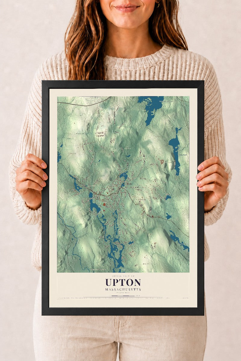 Upton, Massachusetts map print - 12 x 18 black Ayous wood frame