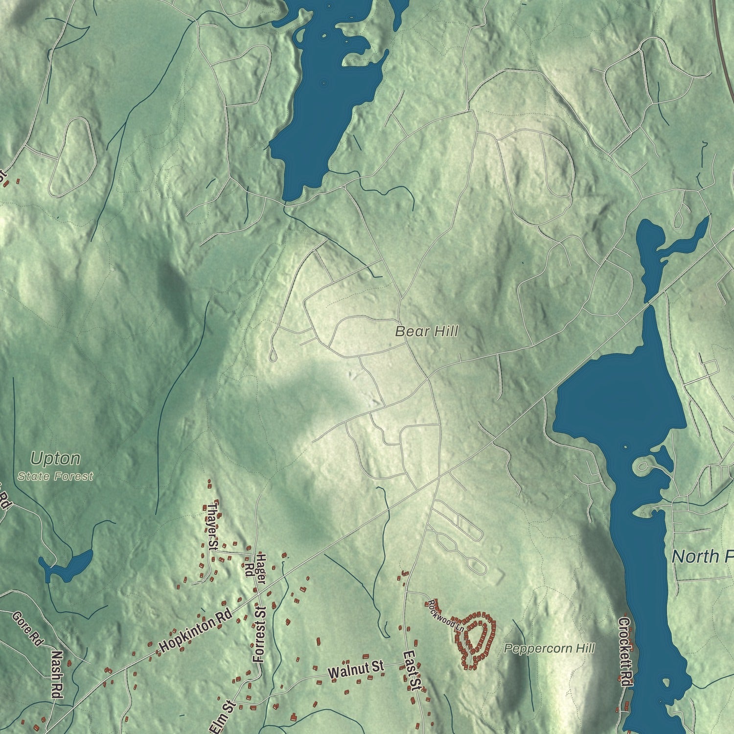 Terrain and local geography detail from the Upton, Massachusetts map