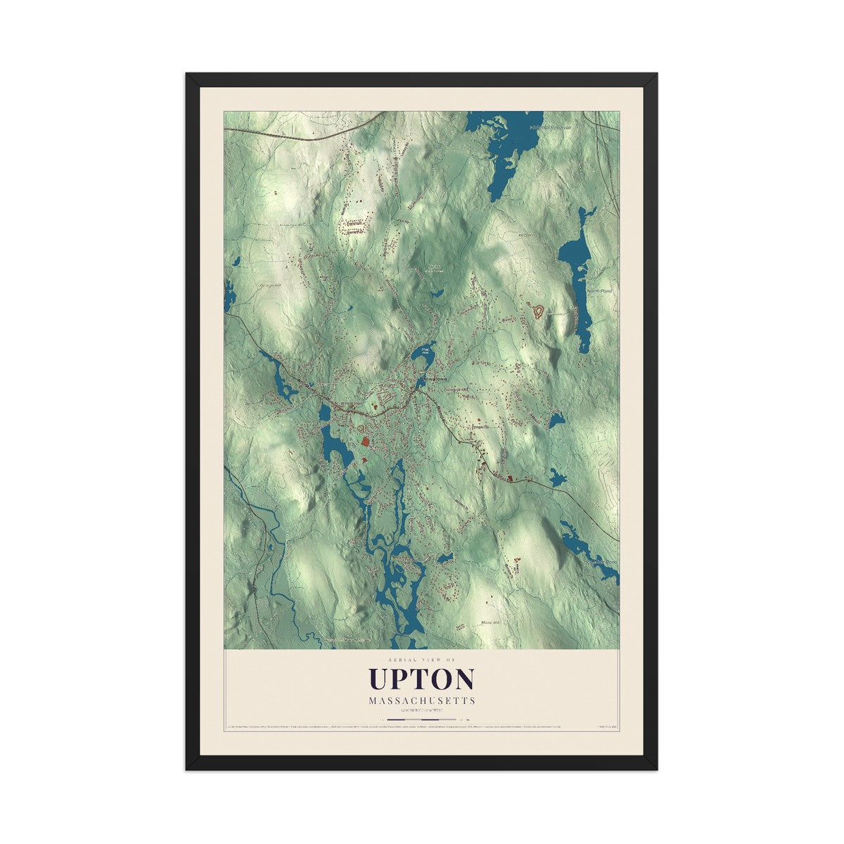 Map of Upton, Massachusetts, 12 x 18 inch print in a black wood frame