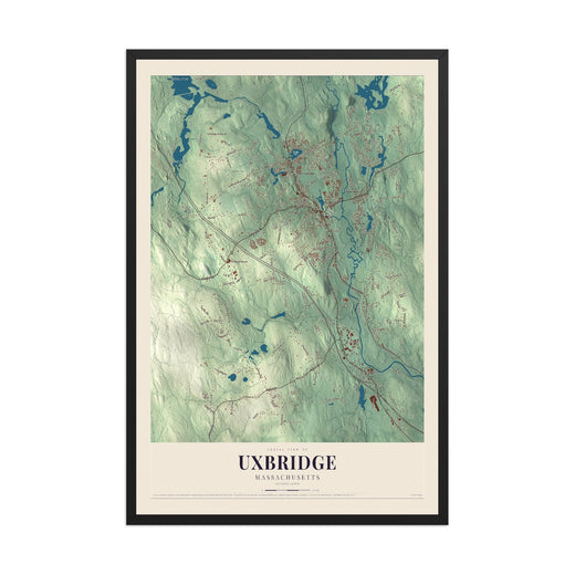 Map of Uxbridge, Massachusetts, 12 x 18 inch print in a black wood frame