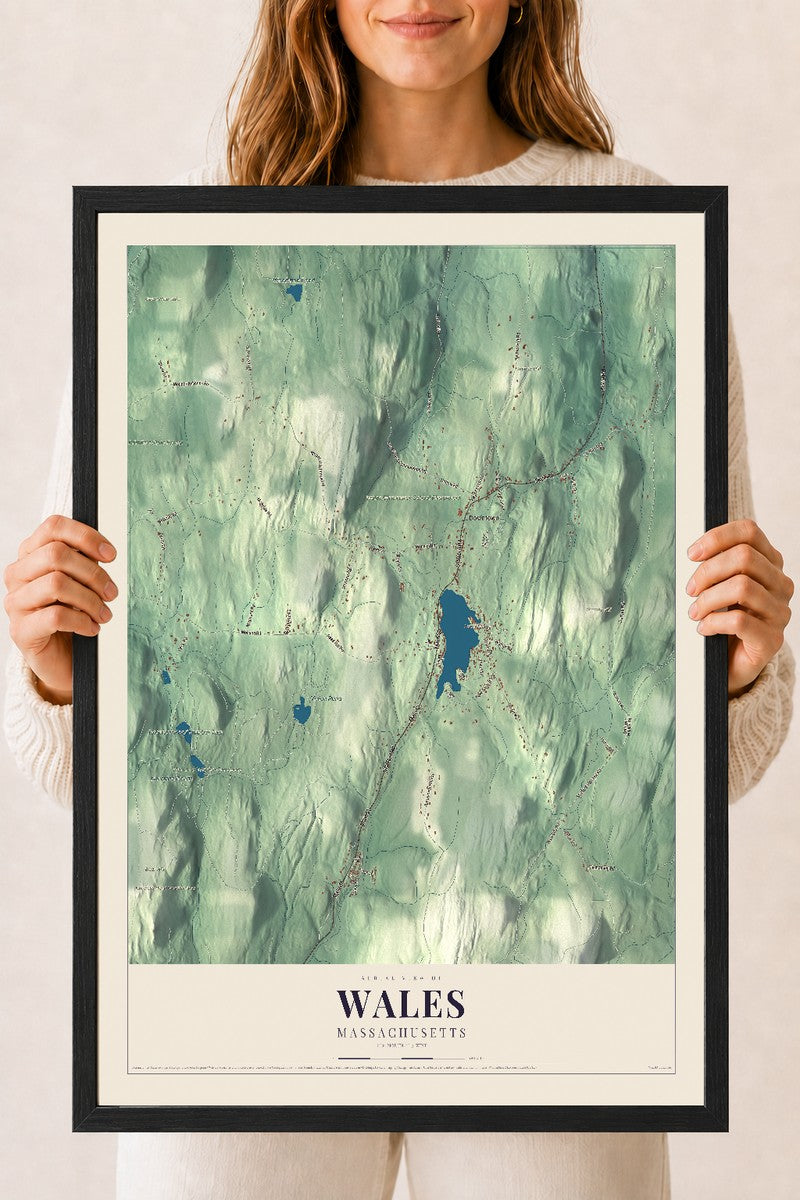 Wales, Massachusetts map print - 18 x 24 black Ayous wood frame