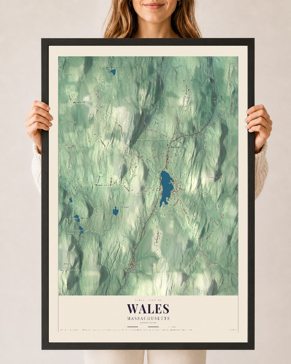 Wales, Massachusetts map print - 24 x 36 black Ayous wood frame