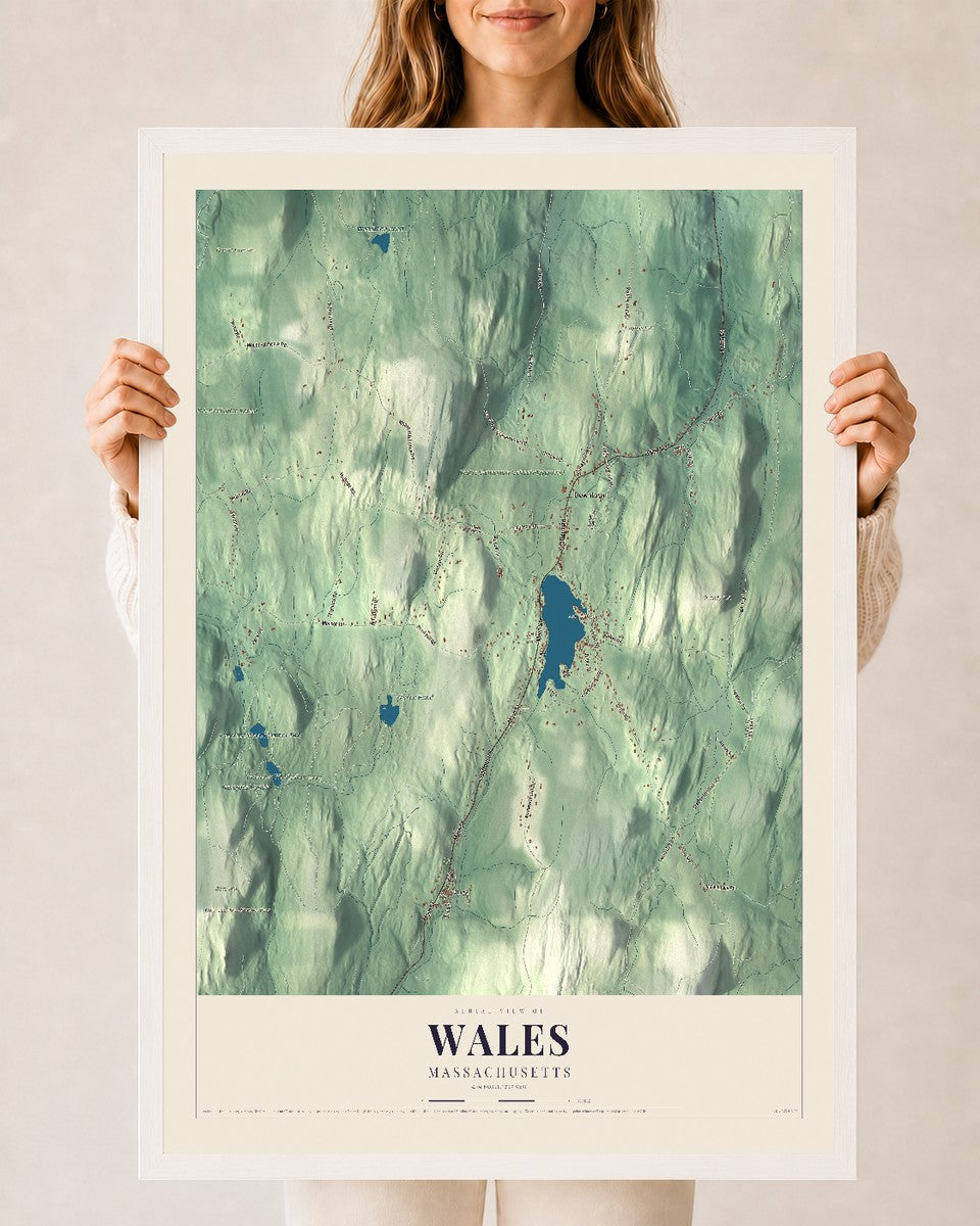 Wales, Massachusetts map print - 24 x 36 white Ayous wood frame