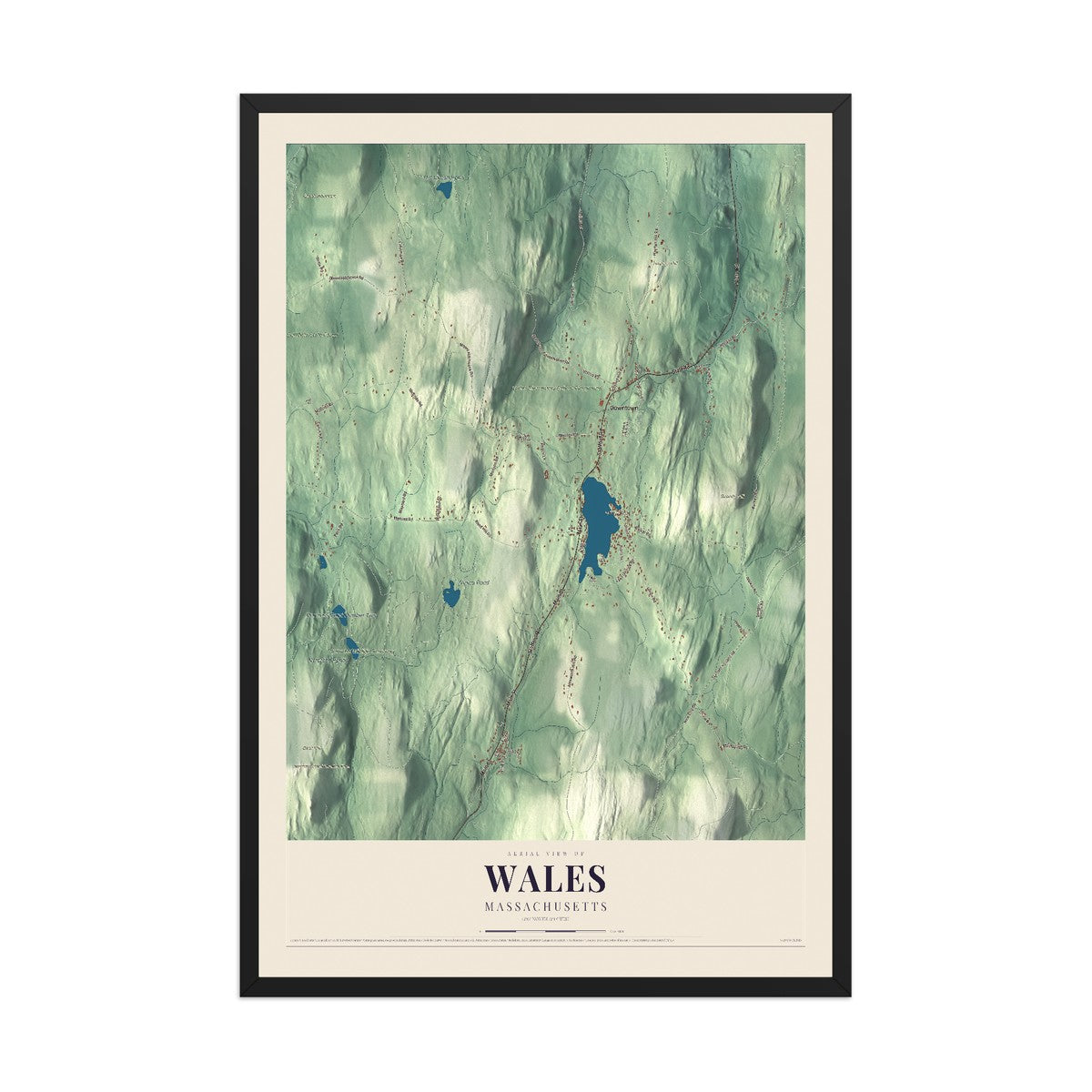 Map of Wales, Massachusetts, 12 x 18 inch print in a black wood frame