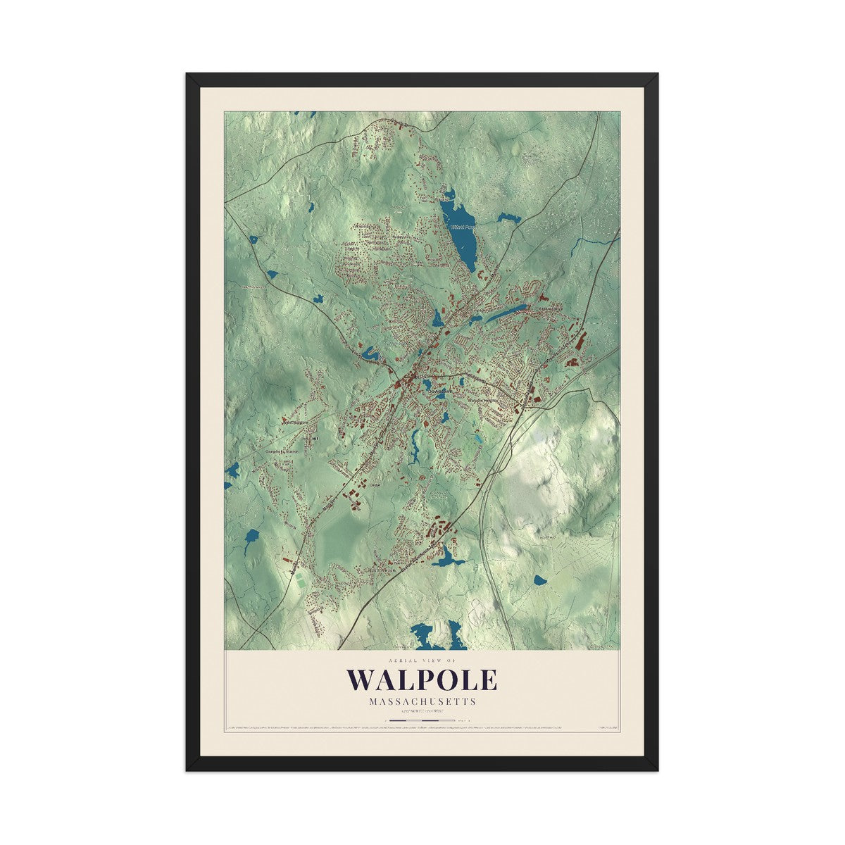 Map of Walpole, Massachusetts, 12 x 18 inch print in a black wood frame