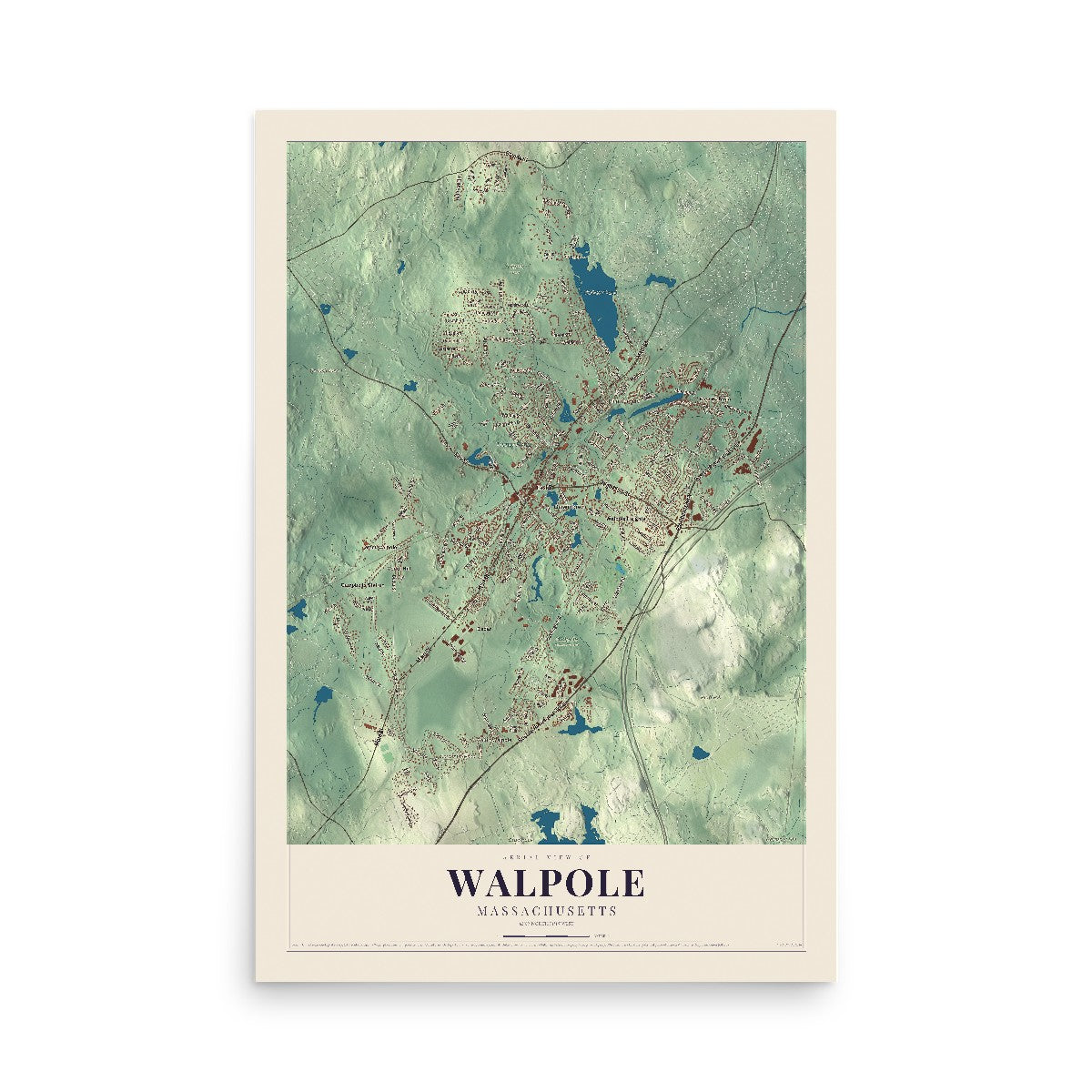 Map of Walpole, Massachusetts, 12 x 18 inch unframed archival matte print