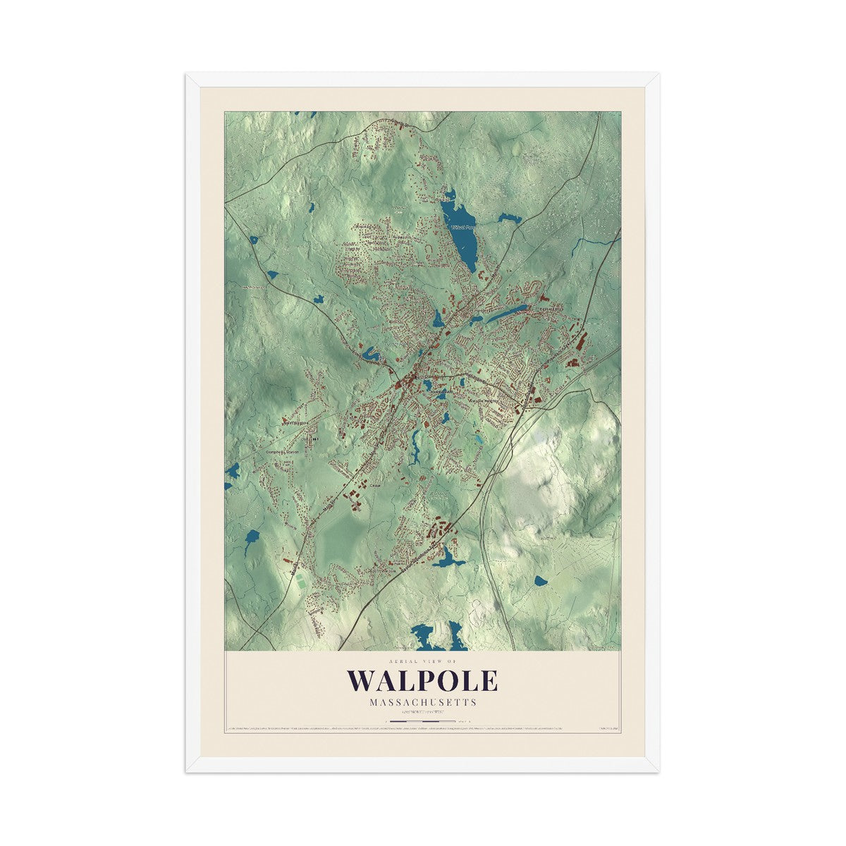 Map of Walpole, Massachusetts, 12 x 18 inch print in a white wood frame